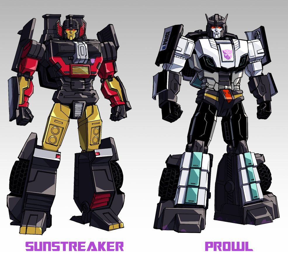 2boys artist_collaboration autobot casey_w._coller character_name clenched_hands commentary dyemooch english_commentary gradient_background looking_at_viewer mecha multiple_boys no_humans prowl_(transformers) red_eyes robot science_fiction sunstreaker transformers transformers_shattered_glass v-fin