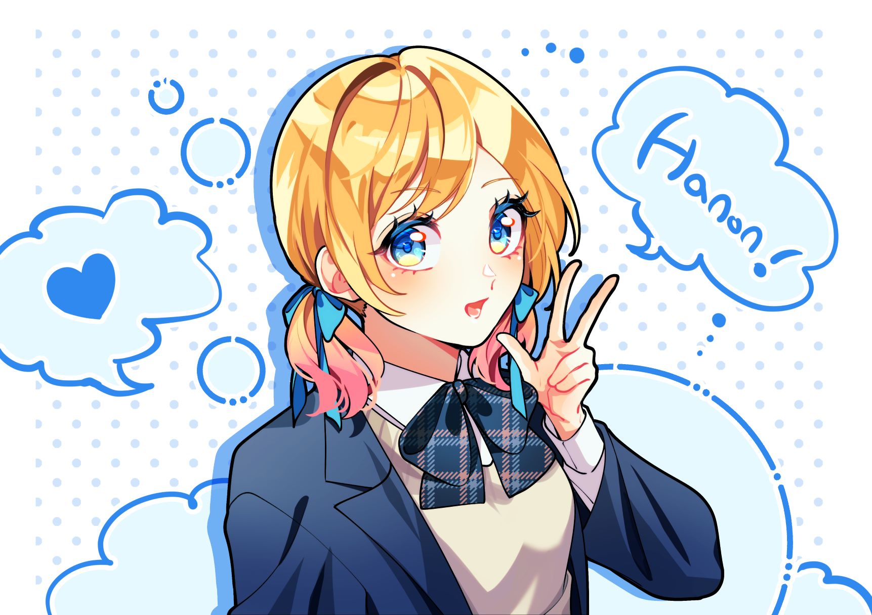 ! 1girl blazer blonde_hair blue_bow blue_bowtie blue_eyes blue_jacket blue_ribbon bow bowtie circle collared_shirt commentary dotted_background eyelashes gradient_hair grey_sweater_vest hair_ribbon hand_up hanon_(honeyworks) heart highres honeyworks jacket long_sleeves looking_at_viewer looking_to_the_side low_twintails multicolored_hair open_mouth pink_hair plaid_bow plaid_bowtie plaid_clothes ribbon school_uniform shadow shirt sophia_pie_12 speech_bubble spoken_heart sweater_vest twintails upper_body v white_background white_shirt