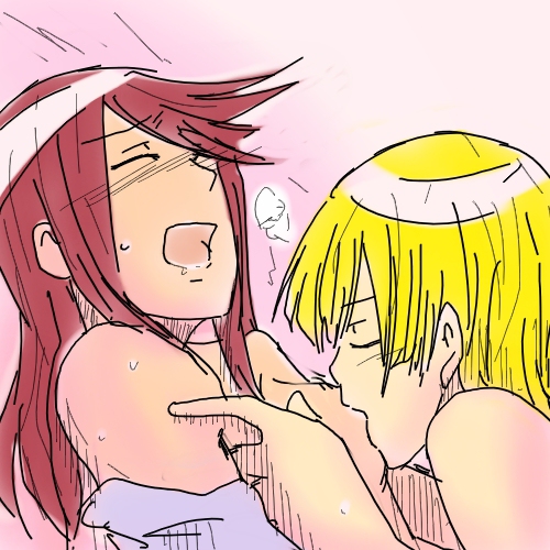 2girls blonde_hair blush breast_holding breast_sucking breasts closed_eyes drooling ears elesa_(pokemon) eyebrows female_focus functionally_nude gym_leader jacket multiple_girls nintendo nude open_clothes open_jacket open_mouth pale_skin pink_background pokemon pokemon_bw red_hair short_hair short_hair_with_long_locks skyla_(pokemon) sweat tongue yuri