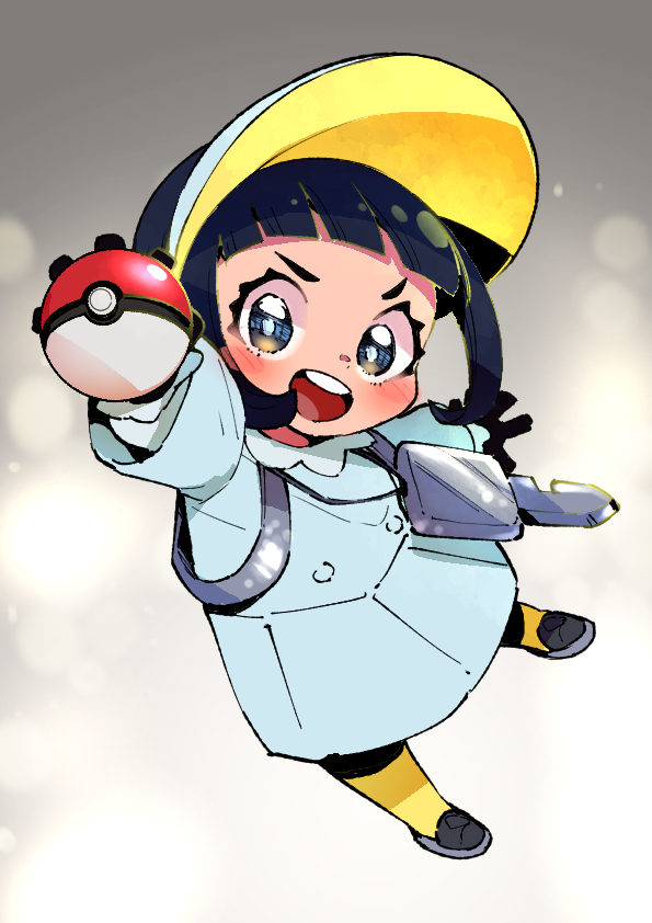 1girl :d black_gloves black_hair blush bright_pupils commentary_request dress full_body gloves gomomo00 happy holding holding_poke_ball looking_at_viewer nintendo open_mouth pantyhose poke_ball poke_ball_(basic) pokemon pokemon_sv poppy_(pokemon) shoes short_hair smile socks solo teeth tongue upper_teeth_only visor_cap yellow_socks