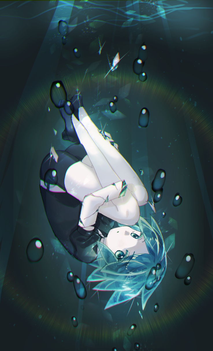 1other androgynous aqua_eyes aqua_hair black_necktie black_shirt black_shorts bubble collar colored_skin crystal_hair from_above gem_uniform_(houseki_no_kuni) highres houseki_no_kuni looking_at_viewer necktie open_mouth phosphophyllite phosphophyllite_(gemstone) shirt short_sleeves shorts underwear upside-down white_collar white_skin xox_xxxxxx