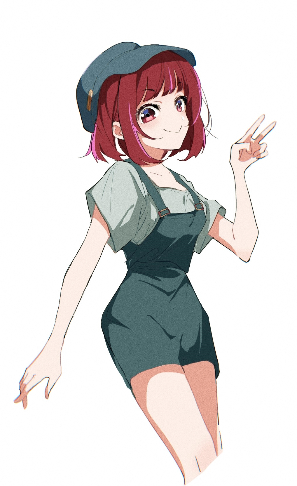 1girl apron arima_kana blue_apron blue_hat blunt_bangs bob_cut chromatic_aberration closed_mouth collarbone grey_shirt hat highres inverted_bob looking_at_viewer medium_hair oshi_no_ko red_eyes red_hair shirt short_sleeves simple_background smile solo sparkle v visor_cap white_background yamabukiyuki
