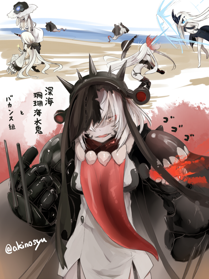 5girls abyssal_coral_sea_water_oni abyssal_ship aircraft_carrier_summer_princess akino_shuu beach bikini black_bikini black_hat blue_eyes breasts character_request check_character dress flaming_eye hair_over_one_eye hat horns kantai_collection large_breasts long_hair multiple_girls ne-class_heavy_cruiser pale_skin red_eyes sand seaport_princess seaport_summer_princess side-tie_bikini_bottom single_horn straw_hat swimsuit translation_request twitter_username unworn_hat unworn_headwear very_long_hair water white_dress white_hair white_hat