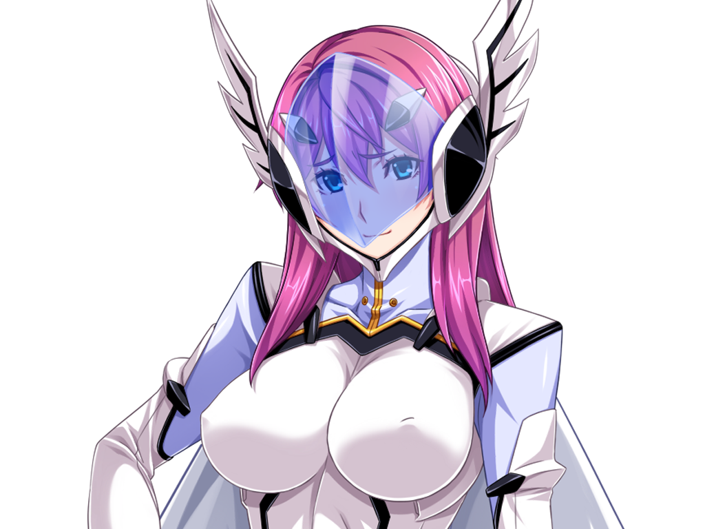 1girl assault_visor blue_eyes bodysuit breasts covered_erect_nipples game_cg hair_between_eyes helmet large_breasts large_variant_set long_hair looking_at_viewer non-web_source official_art pink_hair prism_reica shindou_hatsune skin_tight smile solo soukou_senki_prism_reica transparent_background upper_body variant_set white_bodysuit winged_helmet