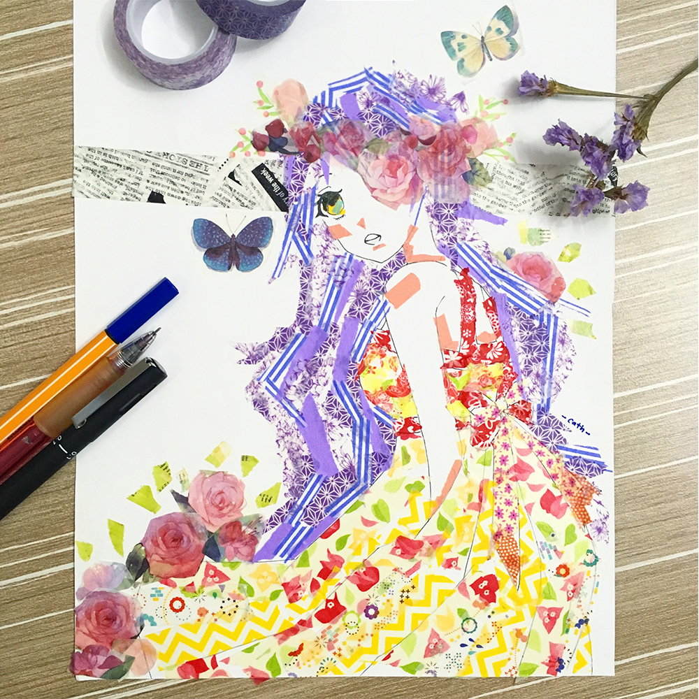 1girl abstract art_tools_in_frame bare_shoulders belt_bow blush bow breasts bug butterfly cathinthecloud commentary dress english_commentary flower flower_wreath from_side insect long_hair looking_at_viewer looking_back masking_tape_(medium) medium_breasts medium_dress mixed_media one_eye_covered open_mouth original pen_(medium) photo_(medium) pink_flower pink_rose purple_hair red_bow rose shoulder_blush sleeveless sleeveless_dress solo teeth traditional_media unconventional_media upper_teeth_only washi_tape_(object) white_background yellow_dress yellow_eyes