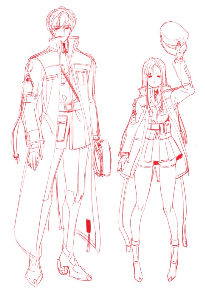 1boy 1girl coat eunhwa_(nikke) full_body goddess_of_victory:_nikke hat holding holding_unworn_clothes holding_unworn_hat jacket johan_(nikke) mechanical_legs military_coat military_hat military_jacket military_uniform monochrome necktie sakae_nikebaraba short_hair sketch skirt unworn_hat unworn_headwear