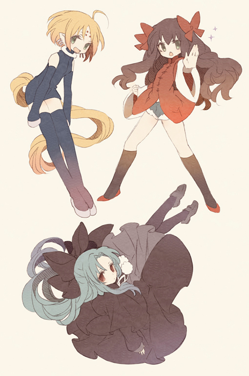00s 3girls ahoge arima_miyako blonde_hair blue_hair bow brown_hair chinese_clothes dress green_eyes guilty hair_bow half_updo len_(tsukihime) melty_blood multiple_girls nanako nanako_(tsukihime) pointy_ears short_hair tail thighhighs tsukihime tsumi_guilty