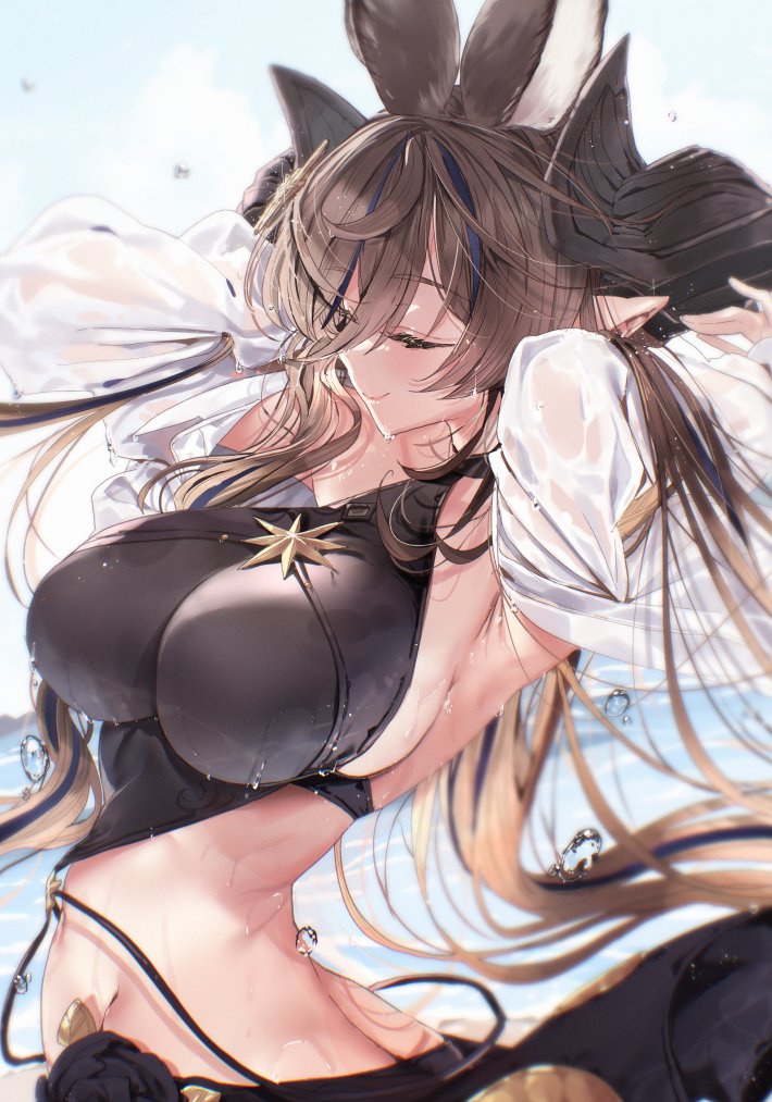 1girl 218 animal_ears asymmetrical_hair breasts brown_hair brown_horns closed_eyes draph extra_ears galleon_(granblue_fantasy) galleon_(summer)_(granblue_fantasy) granblue_fantasy horns jacket large_breasts multicolored_hair navel pointy_ears see-through_clothes see-through_jacket solo streaked_hair swimsuit