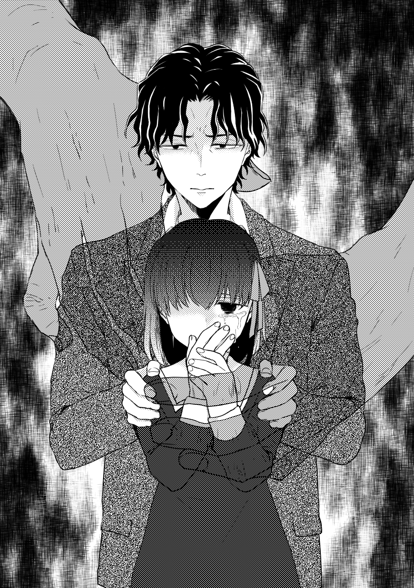 1boy 1girl aged_down dress fate/zero fate_(series) greyscale hair_ribbon long_hair matou_byakuya matou_sakura matou_sakura_(fate/zero) monochrome ribbon ronpaxronpa short_hair tears wavy_hair