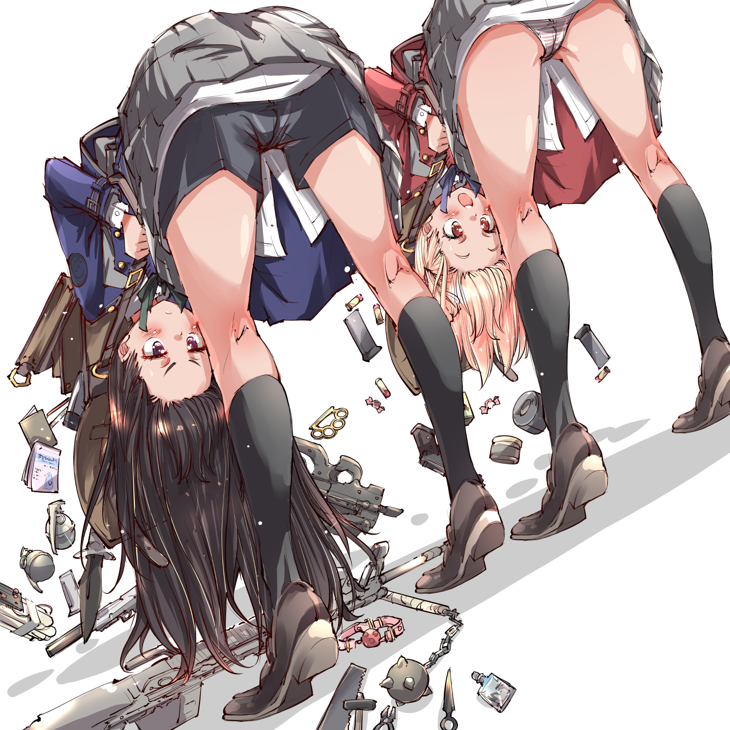 2girls ammunition ass_peek backpack bag ball_gag belt bent_over bent_over_backwards black_hair black_ribbon black_shoes black_socks blonde_hair blue_belt blue_ribbon blush bomb bottle boxers brass_knuckles bullet candy closed_mouth dress duct_tape explosive falling falling_books falling_candy food frown gag green_ribbon grenade grey_dress gun hair_ribbon handgun highres holding holding_bag inoue_takina knife long_hair long_sleeves looking_at_viewer lycoris_recoil lycoris_uniform magazine_(weapon) male_underwear medium_hair multiple_girls neck_ribbon nishikigi_chisato notebook open_mouth panties pantyshot perfume_bottle pleated_dress purple_eyes randoseru red_belt red_dress red_eyes red_ribbon ribbon rifle school_uniform shell_casing shoes short_hair sidelocks smile sniper_rifle socks striped_clothes striped_panties submachine_gun suppressor thighhighs thighs underwear unworn_gag weapon white_background wiffle_gag yazawa_mana