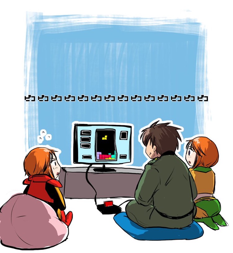 1boy 2girls bean_bag_chair elpeo_puru from_behind full_metal_panic! game_console gundam gundam_zz kneeling military military_uniform multiple_girls pikka playing_games puru_two sagara_sousuke super_robot_wars super_robot_wars_v tetris video_game