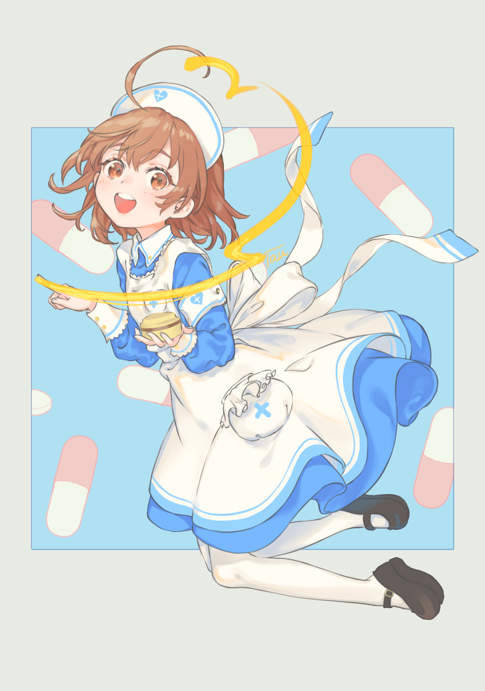 1girl ahoge apron black_shoes blue_dress border bow brown_eyes brown_hair child collared_dress double_vertical_stripe dress dress_bow gacha_(game_mechanic) grey_border hat heart heart_of_string holding jumping last_order_(toaru_majutsu_no_index) mary_janes nurse nurse_cap official_alternate_costume open_mouth pantyhose pill pill_background pocket pointing shoes short_hair smile solo solo_focus striped_clothes striped_dress tautiki teeth toaru_majutsu_no_index upper_teeth_only vertical-striped_clothes vertical-striped_dress white_apron white_bow white_pantyhose wrist_cuffs