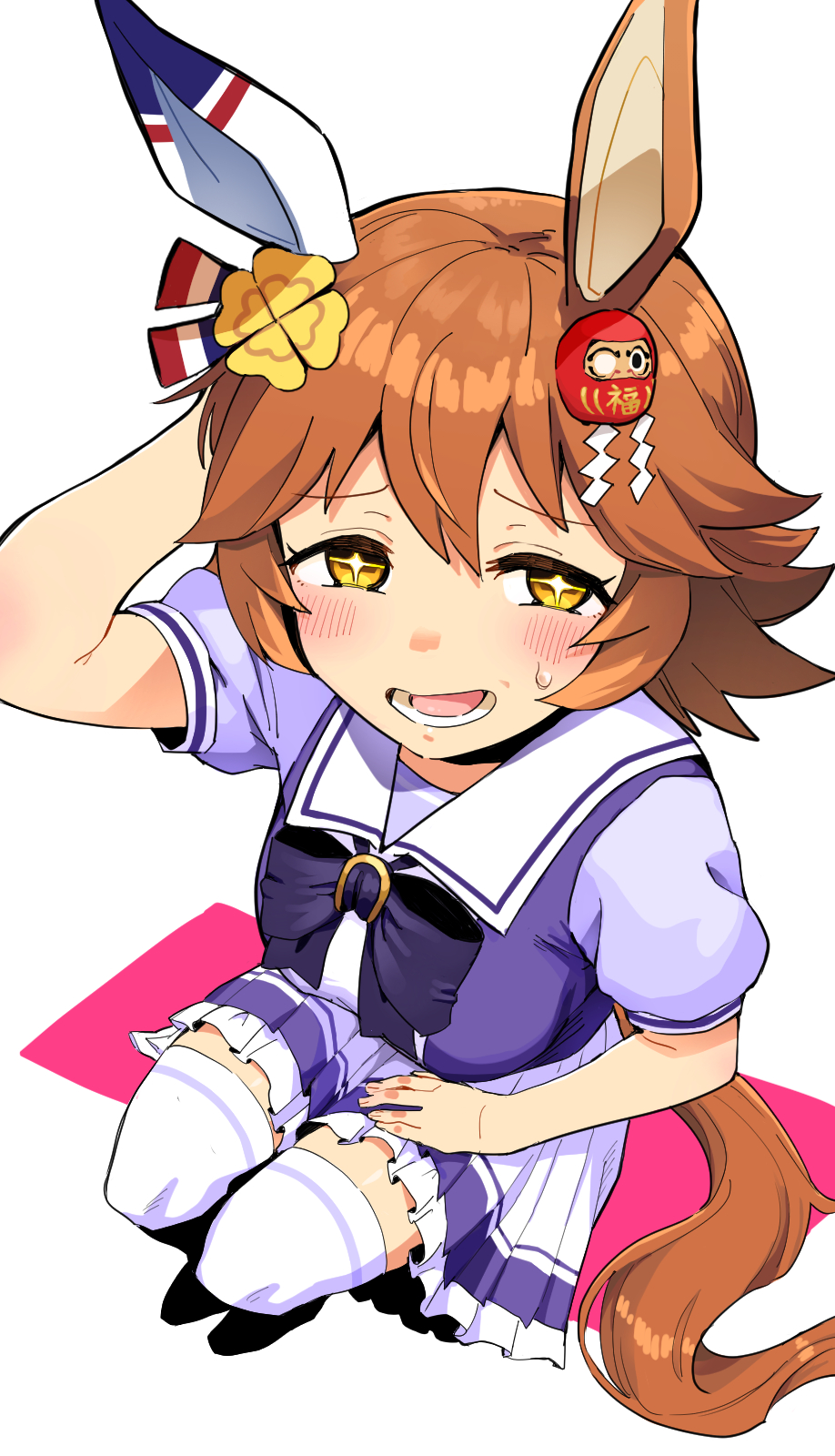 +_+ 1girl animal_ears arm_behind_head blush bow bowtie breasts clover_hair_ornament daruma_doll from_above hair_ornament highres horse_ears horse_girl horse_tail looking_at_viewer matikanefukukitaru_(umamusume) okachi open_mouth orange_hair purple_shirt raised_eyebrows sailor_collar school_uniform shirt short_hair short_sleeves sitting skirt small_breasts solo sweatdrop tail thighhighs tracen_school_uniform umamusume white_skirt white_thighhighs yellow_eyes