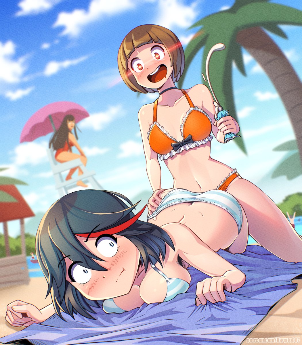 3girls ass ass_grab beach beach_towel beach_umbrella bikini black_hair blurry blurry_background blush boat breasts brown_hair butt_crack drooling frilled_bikini frills glowing glowing_eyes highres kagato007 kill_la_kill kiryuuin_satsuki lifeguard_chair lotion lying mankanshoku_mako matoi_ryuuko multicolored_hair multiple_girls on_stomach open_mouth orange_bikini palm_tree saliva sexually_suggestive streaked_hair striped_bikini striped_clothes sunscreen swimsuit teeth towel tree umbrella upper_teeth_only watercraft you_gonna_get_raped yuri