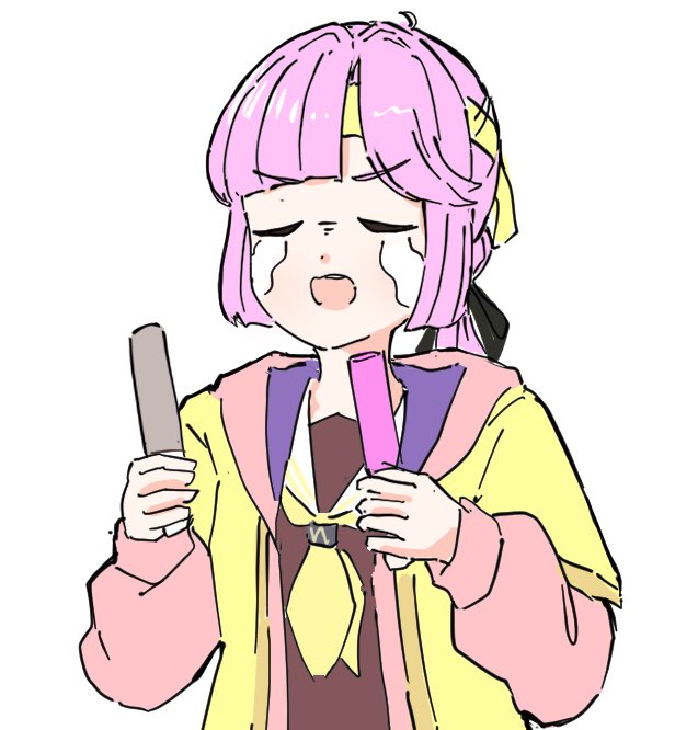1girl ahoge anyoji_hime black_ribbon blunt_bangs brown_dress closed_eyes commentary crying dress glowstick hair_ribbon happy_tears hasu_no_sora_school_uniform headband holding holding_glowstick hood hooded_jacket jacket layered_sleeves link!_like!_love_live! long_hair long_sleeves love_live! love_live!_series_asia_tour_2024 multi-tied_hair neckerchief open_clothes open_jacket open_mouth penlight_(glowstick) pink_hair pink_jacket ponytail ribbon sailor_collar sailor_dress school_uniform short_over_long_sleeves short_sleeves sidelocks simple_background solo streaming_tears swept_bangs symbol-only_commentary tazaki_masanobu tears upper_body v-shaped_eyebrows very_long_hair virtual_youtuber white_background white_sailor_collar winter_uniform yellow_happi yellow_headband yellow_neckerchief