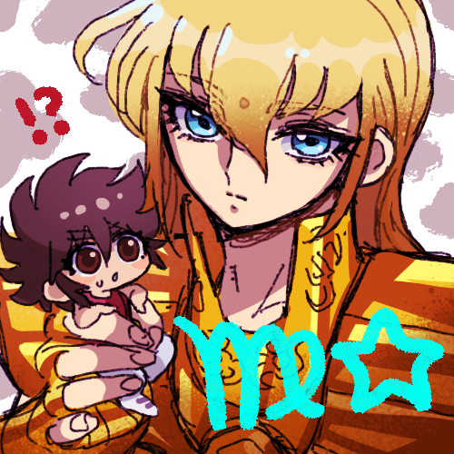 !? 2boys :o armor bindi blonde_hair blue_eyes brown_eyes brown_hair chibi expressionless facial_mark forehead_mark gold_armor gold_cloth gold_saint holding holding_mini_person long_hair looking_at_viewer lowres male_focus mini_person miniboy multiple_boys parted_lips pegasus_seiya saint_seiya short_hair solo_focus spiked_hair star_(symbol) ushino virgo_(symbol) virgo_shaka