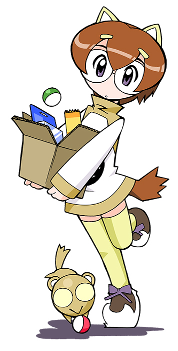1girl :&gt; animal_ears anime_coloring artistic_error black_outline box brown_collar brown_footwear brown_fur brown_tail brown_trim capsule card cardboard_box collar collared_dress colored_inner_animal_ears cub dress employee_uniform footwear_ribbon full_body glasses glasses_kauberu_kotora hair_between_eyes holding holding_box leg_up light_brown_hair long_sleeves no_nose no_pupils official_art outline package print_dress purple_eyes purple_ribbon ribbon rimless_eyewear round_eyewear second-party_source shadow short_hair sleeves_past_wrists smilo_(toranoana) teeth thick_eyebrows thighhighs tiger tiger_ears tinted_eyewear tora_da_yo. toranoana toy_packaging turtleneck turtleneck_dress walking white_background white_dress white_footwear white_sleeves yellow-tinted_eyewear yellow_thighhighs