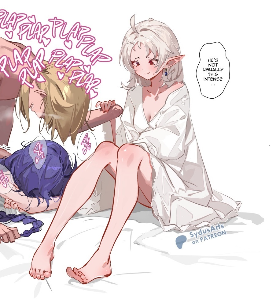 1boy 2girls ahoge amputee barefoot bed_sheet blonde_hair blue_hair braid breasts clenched_teeth commentary elf english_commentary english_text grey_hair hetero holding_another&#039;s_arm husband_and_wives long_hair medium_hair multiple_girls mushoku_tensei oversized_clothes oversized_shirt patreon_username plap pointy_ears polygamy rough_sex roxy_migurdia rudeus_greyrat sex sex_from_behind sheet_grab shirt speech_bubble sweatdrop sydus sylphiette_(mushoku_tensei) teeth thought_bubble toes white_shirt