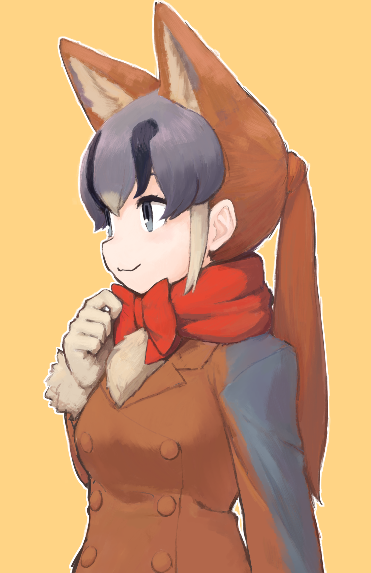 1girl :3 animal_ear_fluff animal_ears black_hair bow bowtie brown_hair brown_jacket buttons commentary_request double-breasted extra_ears fox_ears fox_girl from_side fur-trimmed_sleeves fur_trim gloves gray_fox_(kemono_friends) grey_eyes grey_hair hair_between_eyes jacket kemono_friends long_hair long_sleeves multicolored_hair outline ponytail red_bow red_bowtie rumenia_(ao2is) simple_background smile solo upper_body white_gloves white_outline yellow_background