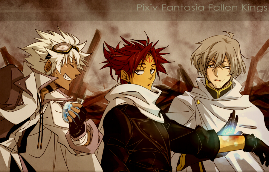3boys beard_stubble black_gloves black_shirt brown_background brown_hair bruise_on_arm cape copyright_name facial_hair facial_mark fingerless_gloves forehead_mark gloves healing leak_(fallen_kings) light_brown_hair magic mei_(fallen_kings) multiple_boys pixiv_fantasia pixiv_fantasia_fallen_kings red_hair shirt sirius_(fallen_kings) stubble white_cape white_hair yel_(ffd9oo)