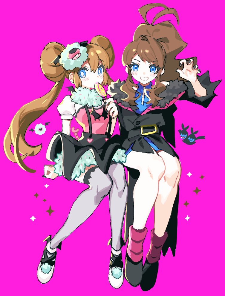 2girls alternate_costume ankea_(a-ramo-do) black_nails black_skirt blue_eyes blush boots bright_pupils brown_hair candy commentary donut_hair_bun double_bun food gen_5_pokemon grey_thighhighs hair_bun hand_up high_ponytail hilda_(pokemon) holding invisible_chair knees lollipop long_hair looking_at_viewer multiple_girls nail_polish nintendo pink_background pokemon pokemon_(creature) pokemon_bw pokemon_bw2 ponytail rosa_(pokemon) shoes short_sleeves sidelocks simple_background sitting skirt symbol-only_commentary thighhighs twintails white_pupils woobat zweilous