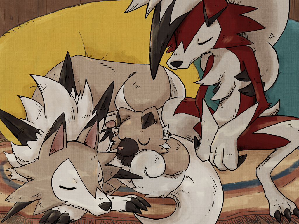 10ma10dantali0n animal_focus claws closed_eyes closed_mouth commentary dog english_commentary evolutionary_line game_freak gen_7_pokemon lycanroc lycanroc_(dusk) lycanroc_(midnight) nintendo no_humans pokemon pokemon_(creature) rockruff rug sitting sleeping sleeping_upright