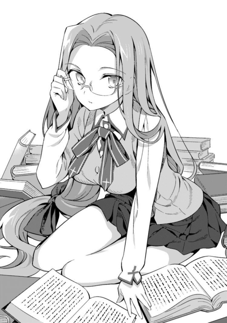 1girl alternate_costume book bow bowtie breasts closed_mouth expressionless fate/stay_night fate_(series) glasses hair_bow hanabana_tsubomi homurabara_academy_school_uniform large_breasts long_hair long_sleeves looking_at_viewer medusa_(fate) medusa_(rider)_(fate) on_floor parted_bangs pile_of_books school_uniform simple_background skirt solo vest