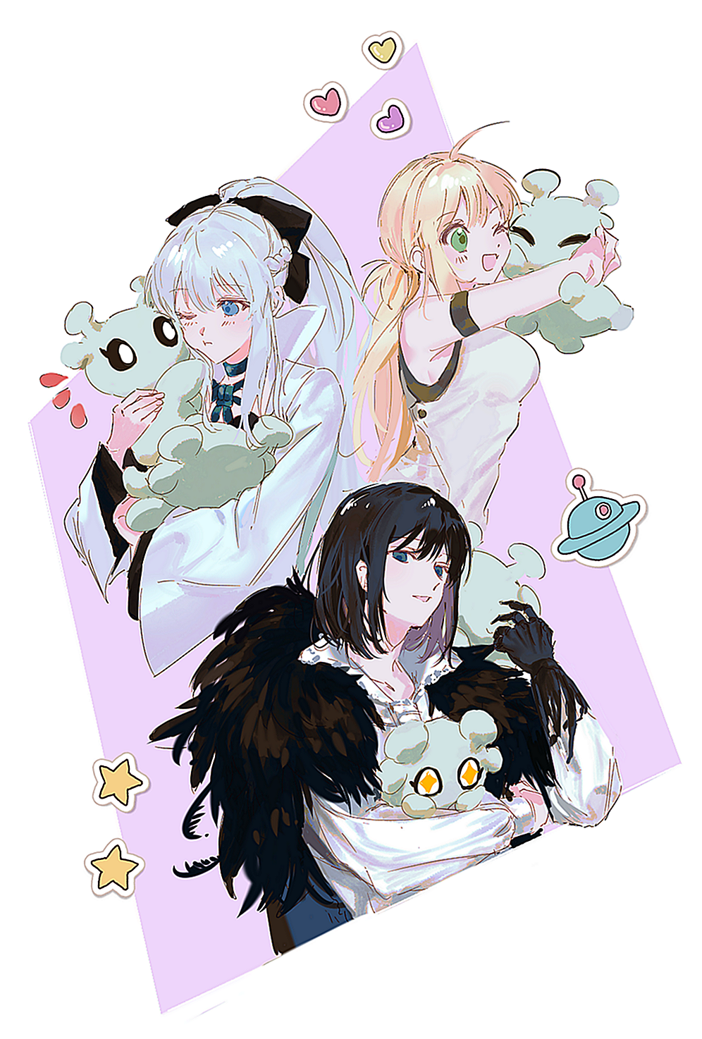 1boy 2girls artoria_caster_(fate) artoria_caster_(first_ascension)_(fate) artoria_pendragon_(fate) black_bow black_hair blonde_hair blue_eyes bow con_(fate) fate/grand_order fate_(series) green_eyes hair_between_eyes hair_bow highres long_hair looking_at_viewer morgan_le_fay_(fate) multiple_girls oberon_(fate) oberon_(third_ascension)_(fate) ponytail short_hair smile ss_un17 white_hair