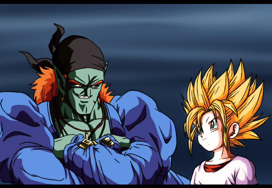 1990s_(style) 1boy 1girl blonde_hair bojack dragon_ball dragon_ball_multiverse earrings gradient_background jewelry muscular orange_hair pan_(dragon_ball) retro_artstyle scar smile super_saiyan upper_body