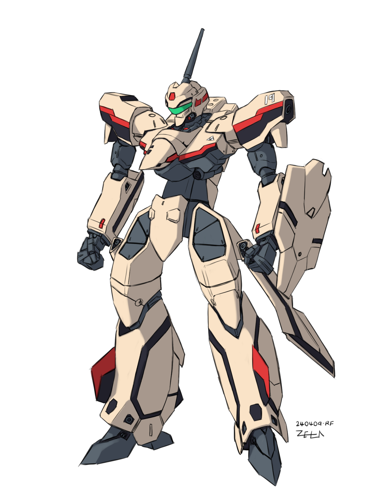 2024 battroid clenched_hands commentary_request dated energy_cannon exposed_internal_machinery green_visor highres korean_commentary macross macross_plus mecha mecha_focus no_humans robot science_fiction shield signature u.n._spacy white_background yf-19 z006