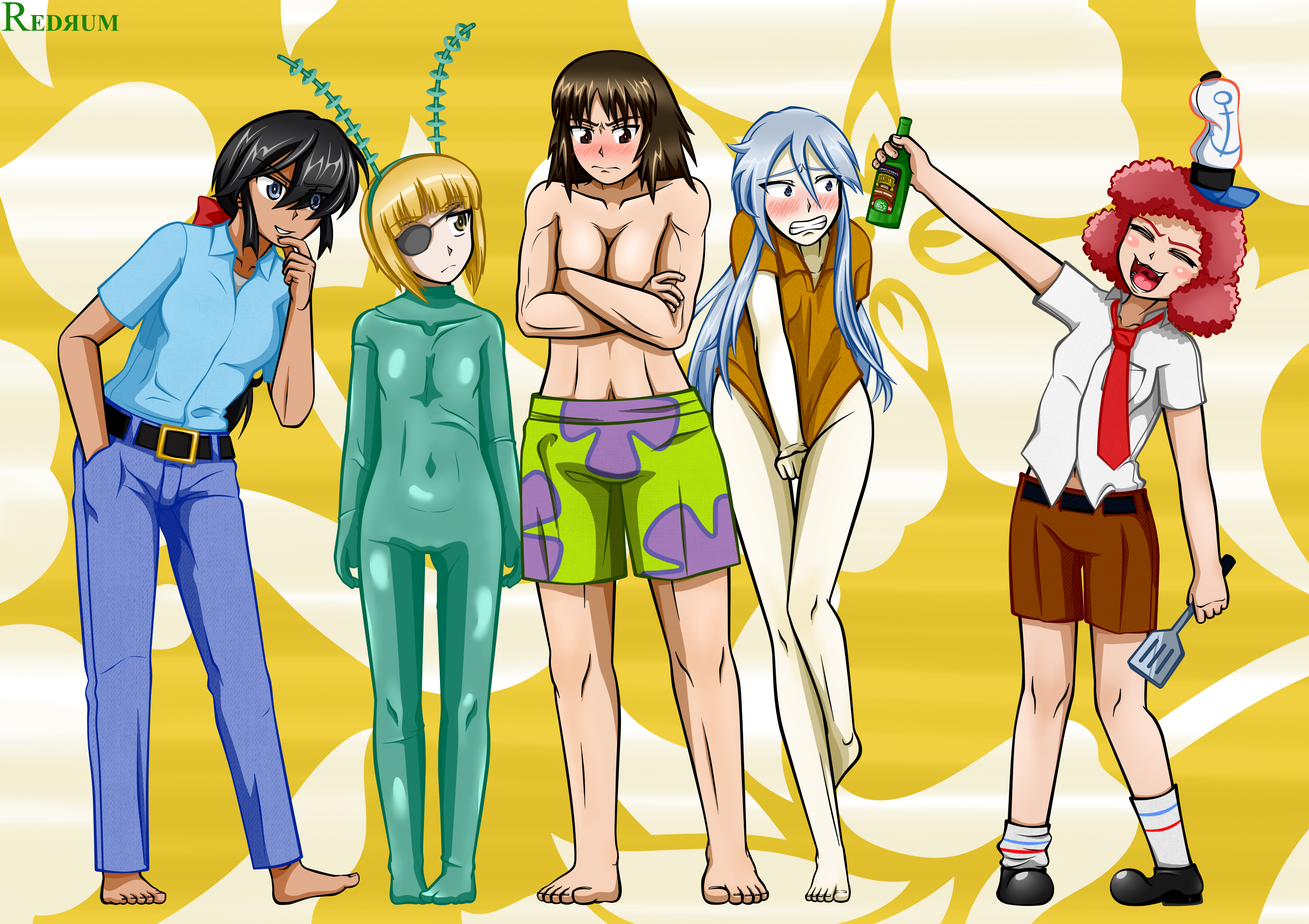 5girls absurdres alternate_costume bodysuit bottle bottomless cosplay cutlass_(girls_und_panzer) eyepatch flint_(girls_und_panzer) girls_und_panzer green_bodysuit highres holding holding_bottle mr._krabs mr._krabs_(cosplay) multiple_girls murakami_(girls_und_panzer) ogin_(girls_und_panzer) parody patrick_star patrick_star_(cosplay) plankton_(spongebob) plankton_(spongebob)_(cosplay) redrum_(haghighiaria25) rum_(girls_und_panzer) spongebob_squarepants spongebob_squarepants_(cosplay) spongebob_squarepants_(series) squidward_tentacles squidward_tentacles_(cosplay) topless_female yellow_background