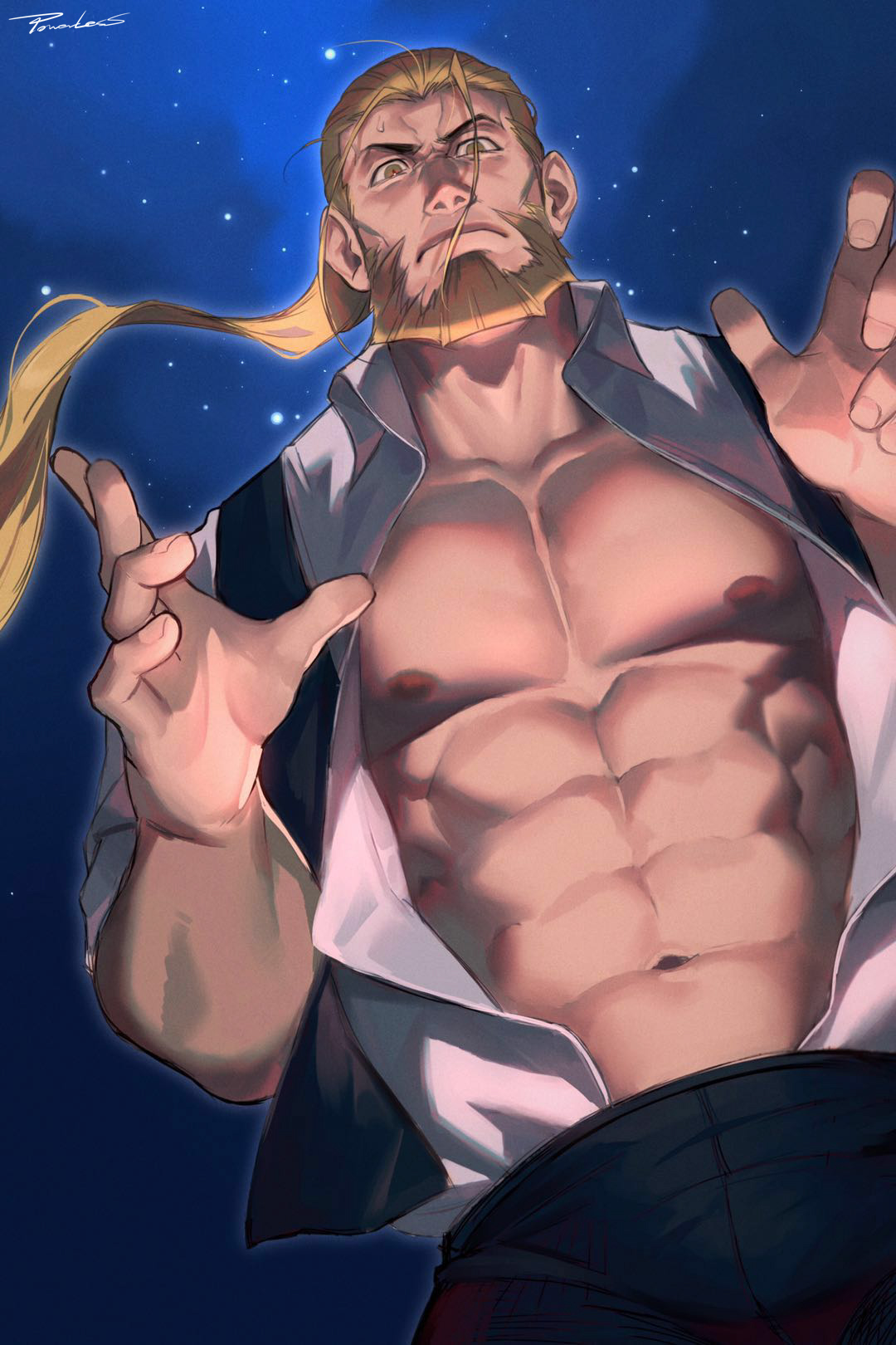 1boy abs bara bare_pectorals beard black_pants blonde_hair bulge dutch_angle facial_hair fullmetal_alchemist hair_slicked_back highres large_pectorals long_hair male_focus muscular muscular_male navel night night_sky nipples old old_man open_clothes open_hands open_shirt pants pectorals ponytail powerlesssong shirt short_hair sky solo stomach van_hohenheim white_shirt wind