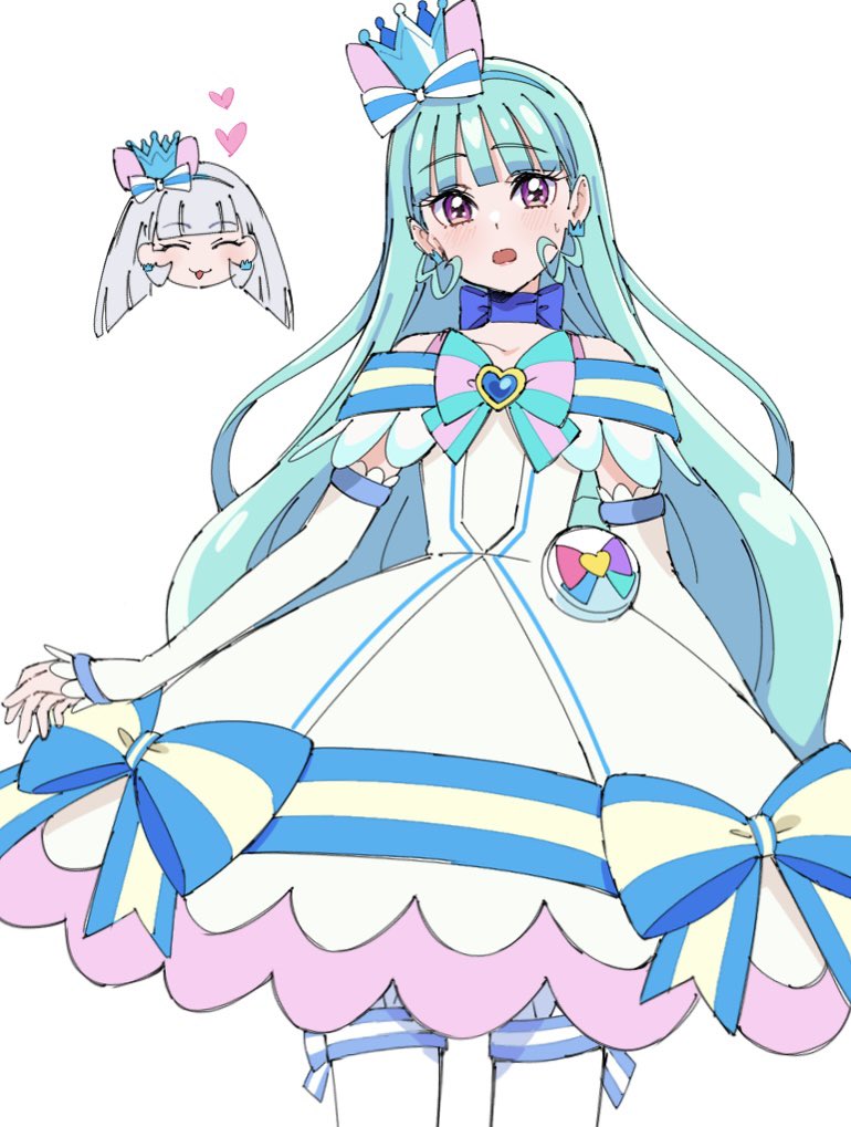 1girl aqua_hair arm_warmers blunt_bangs bow bow_choker brooch choker choppy_bangs cosplay cowboy_shot crown cure_lillian cure_nyammy dress hairband heart heart_brooch jewelry long_hair looking_at_viewer nekoyashiki_mayu nekoyashiki_yuki off-shoulder_dress off_shoulder precure purple_eyes shirako_love sidelocks simple_background sleeveless sleeveless_dress standing striped_bow thighhighs very_long_hair white_background white_dress white_thighhighs wonderful_precure!