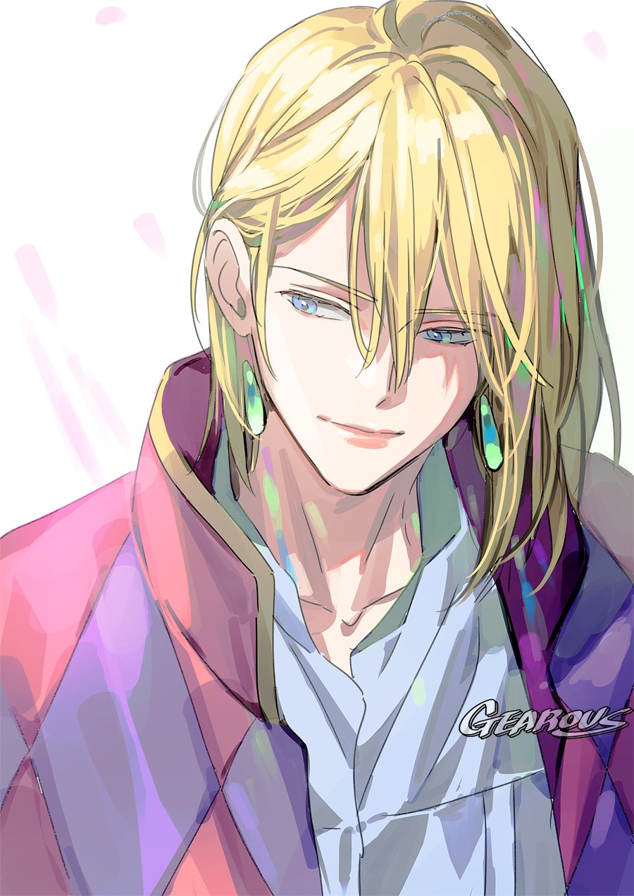 1boy artist_name blonde_hair blue_eyes closed_mouth collarbone earrings gearous hair_between_eyes highres howl_pendragon howl_no_ugoku_shiro jacket jewelry long_hair looking_to_the_side male_focus medium_hair pink_jacket shirt simple_background smile solo upper_body white_background white_shirt