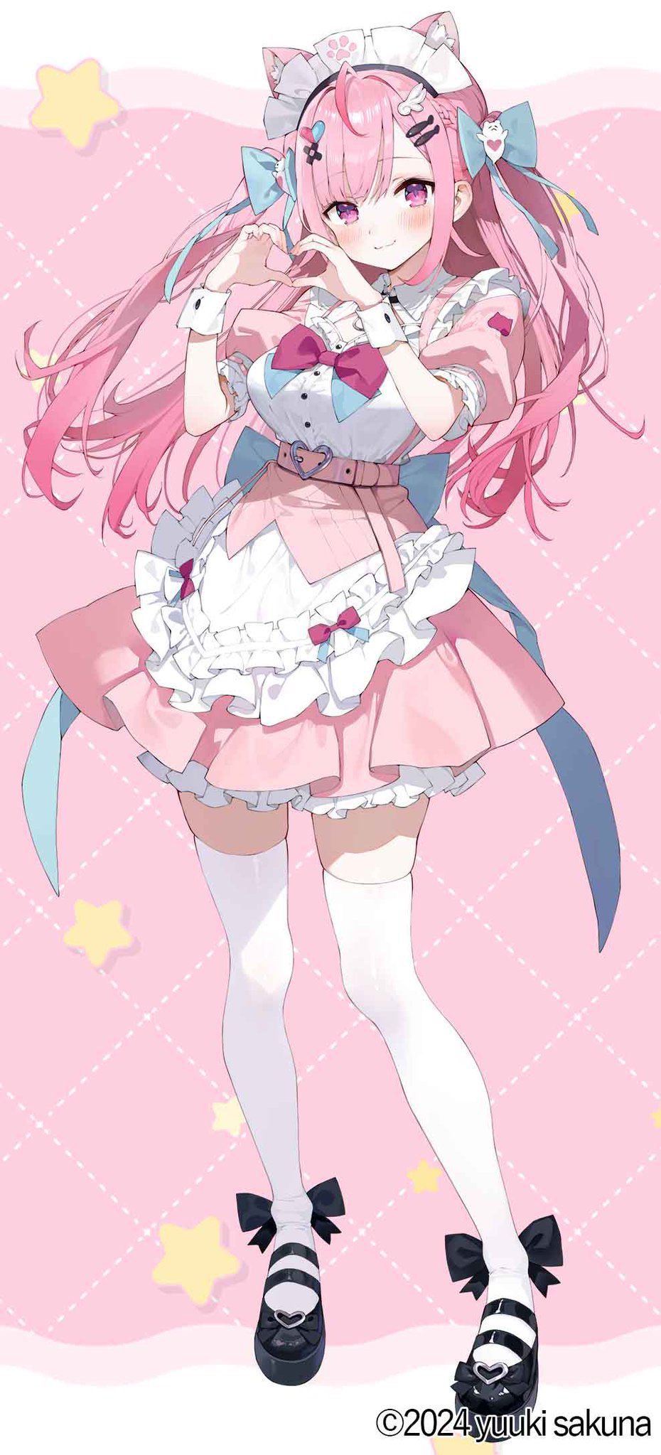 1girl ahoge animal_ear_fluff animal_ears apron aqua_bow back_bow belt black_footwear blush bow braid cat_ears cat_girl closed_mouth collared_dress commentary_request copyright_notice dress extra_ears footwear_bow frilled_apron frilled_dress frills full_body gaou_(umaiyo_puyoman) hair_bow hair_ornament hairclip half_up_braid heart heart_hair_ornament heart_hands highres indie_virtual_youtuber jpeg_artifacts long_hair looking_at_viewer maid maid_apron maid_headdress official_art pink_belt pink_dress pink_hair platform_footwear puffy_short_sleeves puffy_sleeves purple_eyes short_dress short_sleeves smile solo swept_bangs thighhighs two_side_up virtual_youtuber waist_bow white_apron white_headdress white_thighhighs white_wrist_cuffs wrist_cuffs x_hair_ornament yuuki_sakuna