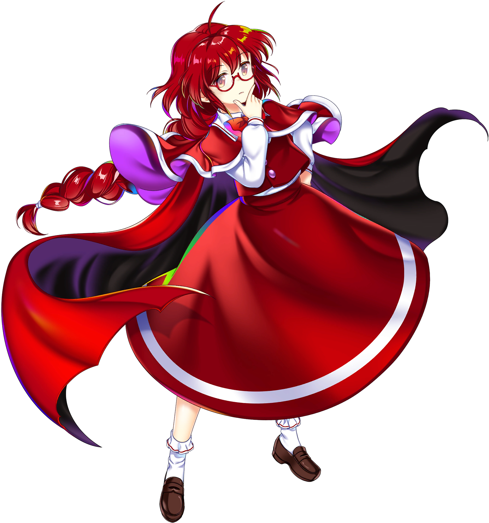 1girl capelet full_body game_cg glasses highres long_sleeves looking_at_viewer official_art okazaki_yumemi red_capelet red_eyes red_hair red_skirt rotte_(1109) skirt solo third-party_source touhou touhou_(pc-98) touhou_lostword