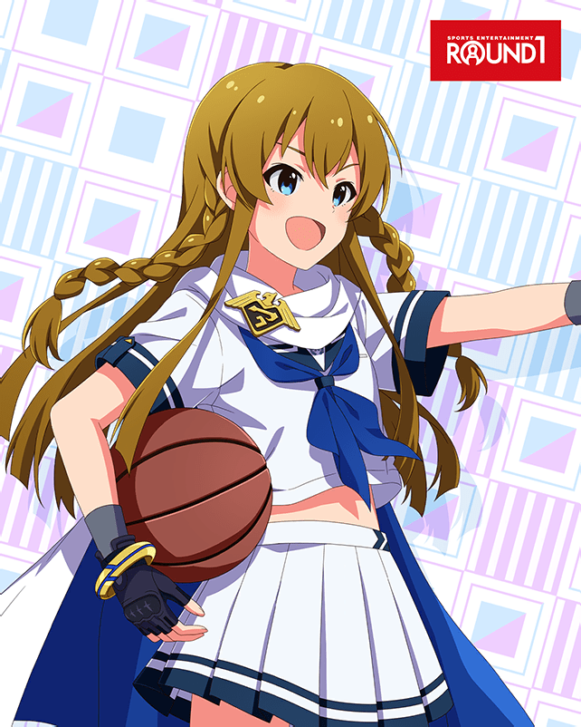 1girl ball basketball basketball_(object) blue_eyes braid brown_hair cape card_(medium) emblem english_text fingerless_gloves gloves holding idol_heroes_(idolmaster) idolmaster idolmaster_million_live! idolmaster_million_live!_theater_days kousaka_umi mighty_sailor official_art pleated_skirt round_one school_uniform skirt solo white_skirt
