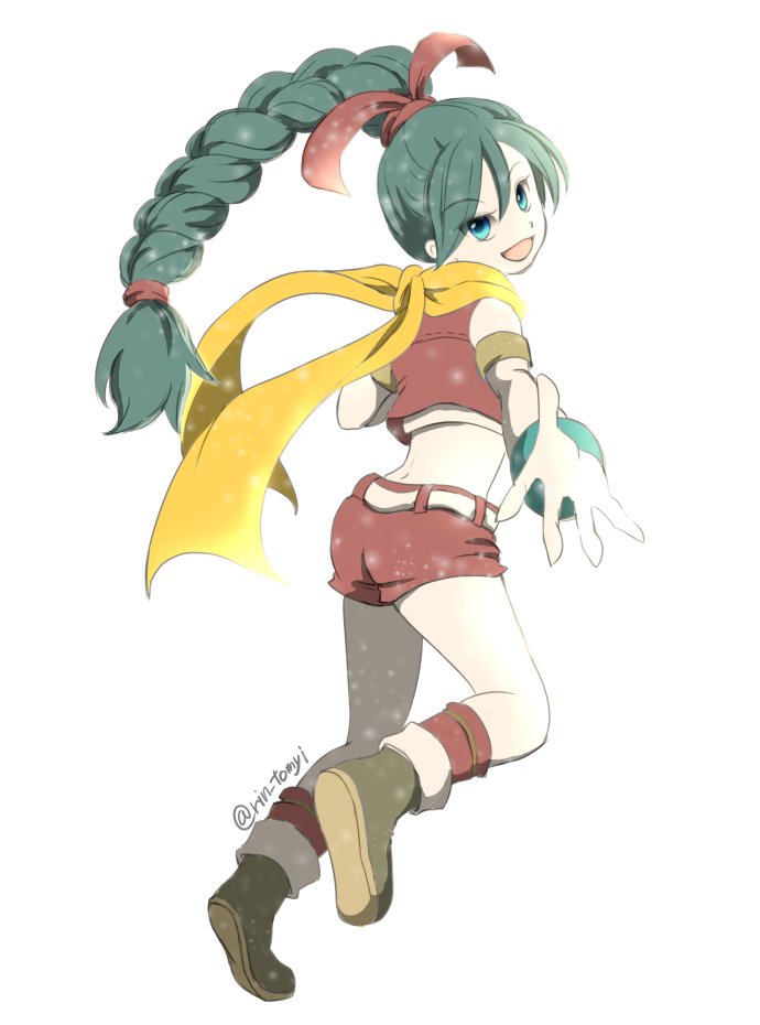 1girl belt blue_eyes blue_hair bracelet braid braided_ponytail dragon_quest dragon_quest_xi full_body hair_ribbon jewelry long_hair looking_at_viewer maya_(dq11) open_mouth red_vest ribbon scarf shorts simple_background single_braid smile solo tomii_rin vest white_background