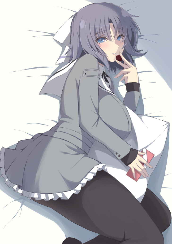 bed blue_eyes bow box breasts chimunge chocolate food gessen_academy_school_uniform grey_hair grey_jacket hair_bow holding holding_box holding_chocolate holding_food hugging_object jacket large_breasts light_blush looking_at_viewer lying medium_hair on_bed on_side pantyhose pillow pillow_hug sailor_collar school_uniform senran_kagura smile striped_bow valentine white_bow yumi_(senran_kagura)