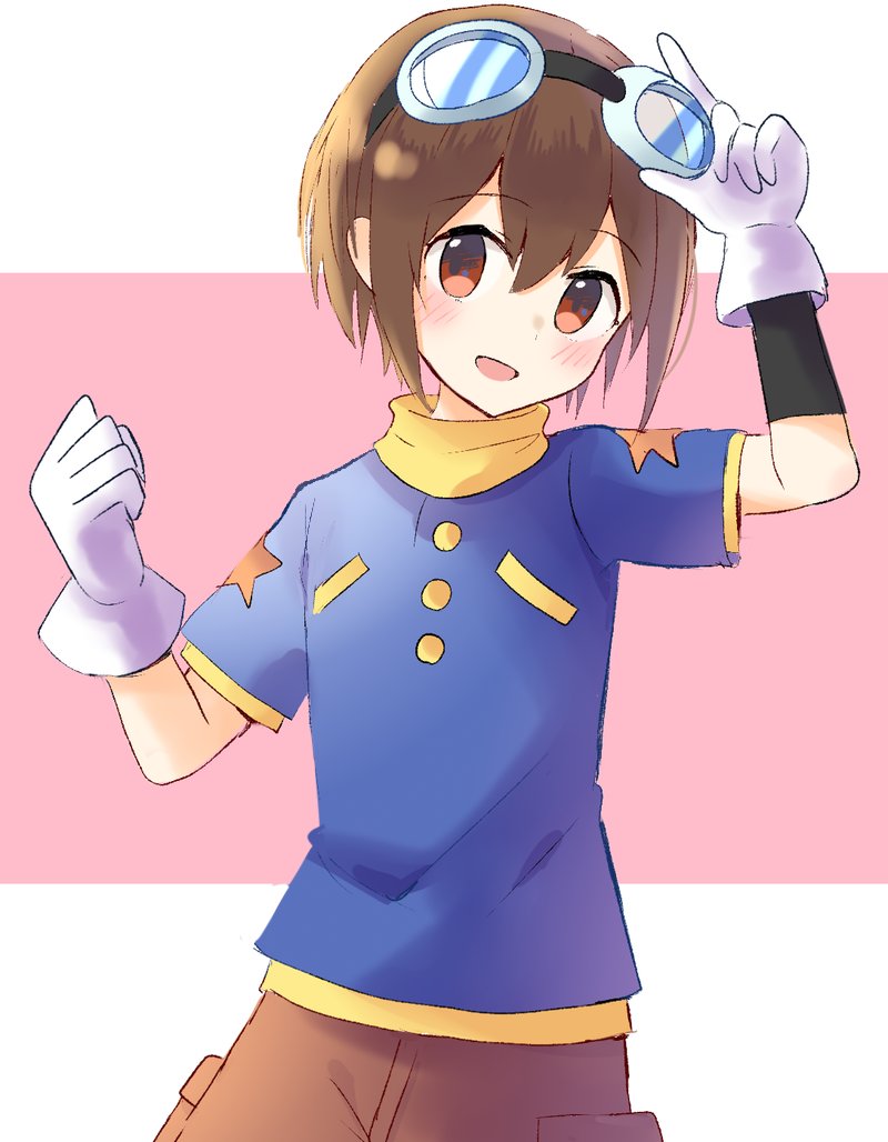 1girl cosplay digimon female_focus gloves goggles goggles_on_head solo yagami_hikari yagami_taichi yagami_taichi_(cosplay)