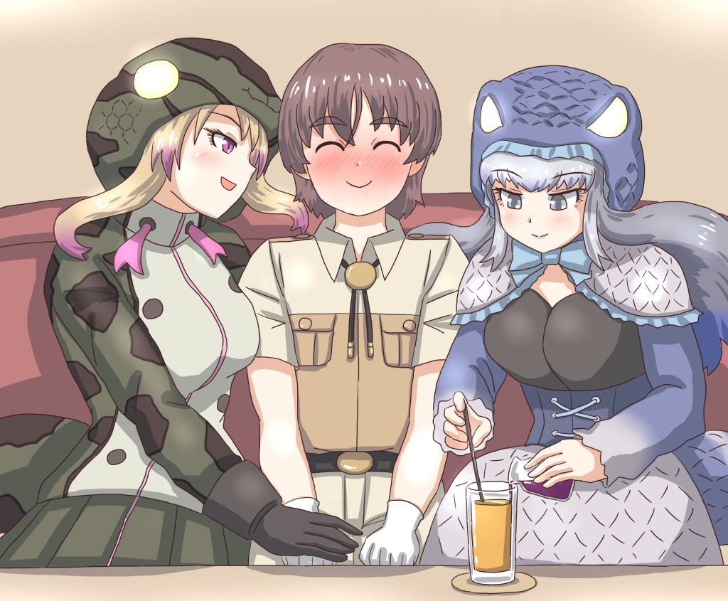 1boy 2girls african_rock_python_(kemono_friends) animal_ears blonde_hair blue_eyes blue_hair blush bow bowtie breasts brown_hair capelet captain_(kemono_friends) cup drawstring dress drinking_glass frills gloves grey_hair hat hood hood_up hooded_jacket host_club hostess implied_drugging jacket kemono_friends kemono_friends_3 komodo_dragon_(kemono_friends) lizard_tail long_hair long_sleeves looking_at_another medium_breasts mukouyama_mu multicolored_hair multiple_girls open_mouth purple_eyes purple_hair reptile_girl shirt short_hair short_sleeves skirt smile snake_print snake_tail tail two-tone_hair white_hair