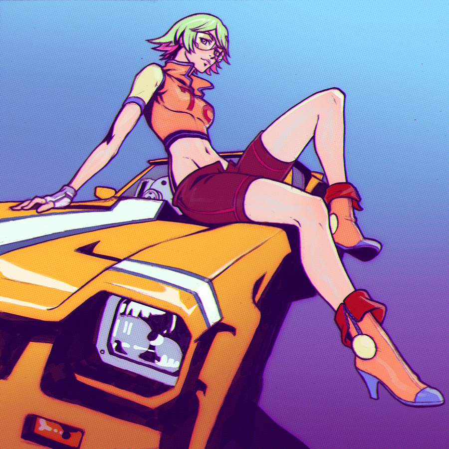1girl arm_support blue_gloves boots breasts car chromatic_aberration closed_mouth clothes_writing crop_top female_focus fingerless_gloves full_body gloves goggles gradient_background green_hair groin high_heels ilya_kuvshinov knee_up leaning_back legs looking_at_viewer medium_breasts midriff motor_vehicle multicolored_hair muscle_car navel on_car on_vehicle orange_boots orange_shirt pink_hair raglan_sleeves red_shorts redline shirt short_hair short_shorts shorts sidelocks sitting skin_tight solo sonoshee_mclaren stomach thighs tinted_eyewear trans_am_20000_wr_(redline) two-tone_background two-tone_hair yellow-tinted_eyewear yellow_sleeves