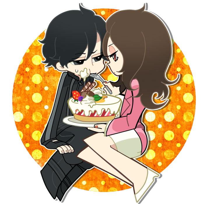 1boy 1girl bare_legs black_hair brown_hair cake feeding food food_on_face gotou_shintaro gotou_shintarou kamen_rider kamen_rider_ooo_(series) long_hair nail_polish panty_&amp;_stocking_with_garterbelt parody pencil_skirt plate red_nails satonaka_erika shoes skirt style_parody wafer_stick white_background