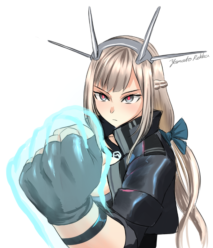 1girl azur_lane cosplay energy_fist headgear historical_name_connection kantai_collection maryland_(azur_lane) maryland_(azur_lane)_(cosplay) maryland_(kancolle) maryland_(retrofit)_(azur_lane) name_connection one-hour_drawing_challenge one-punch_man rekka_yamato simple_background upper_body white_background