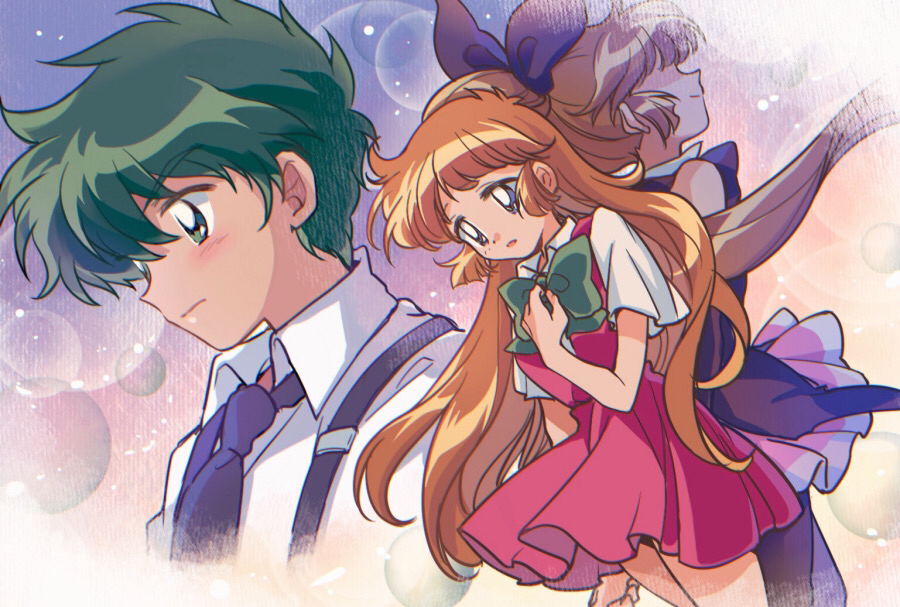 1boy 1girl blue_eyes bow detective dual_persona green_hair hair_bow hand_on_own_chest haneoka_meimi kaitou_saint_tail long_hair magical_girl orange_hair school_uniform shaded_face short_hair short_sleeves suzuki_(2red_moon3) v-shaped_eyebrows