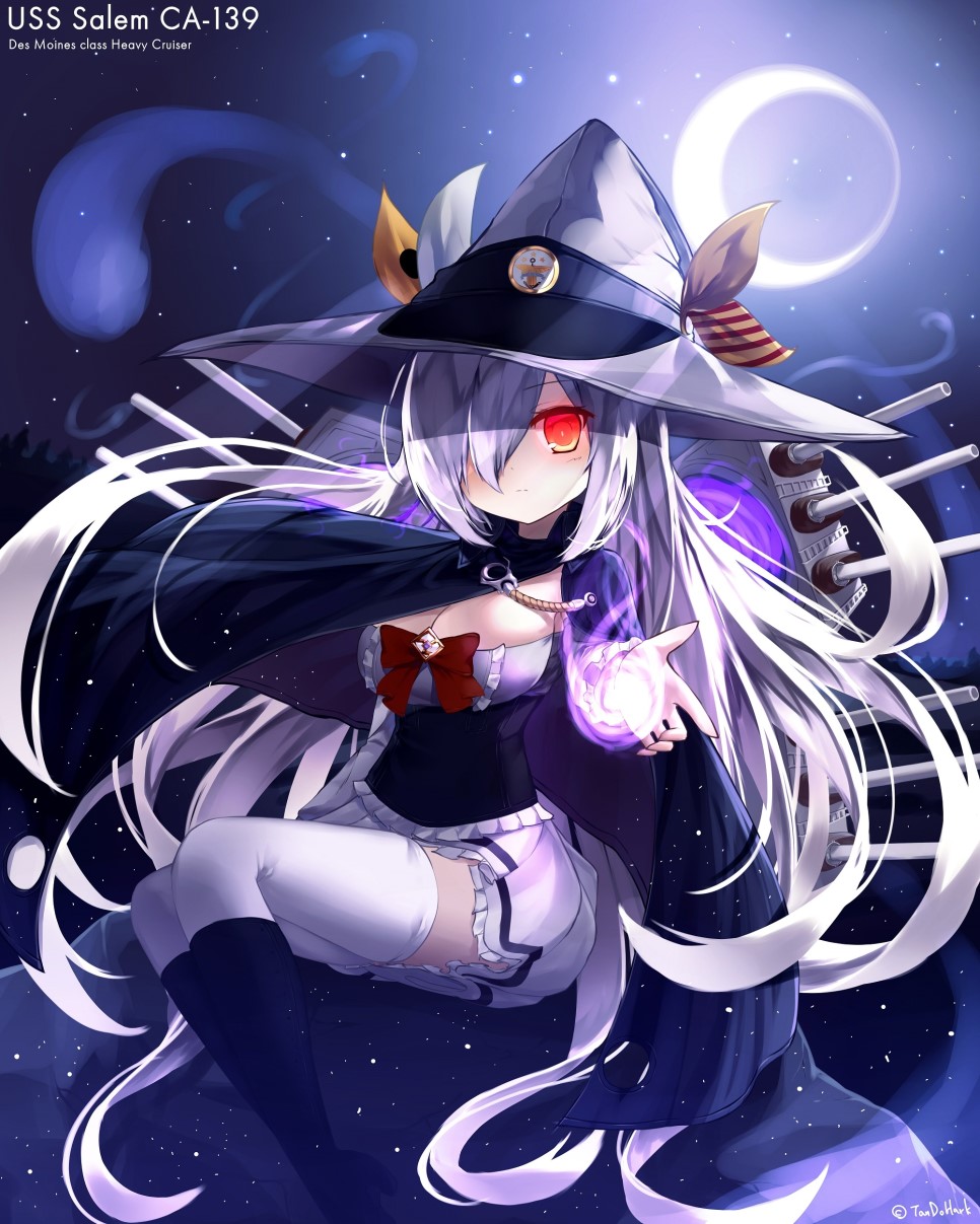 10s 1girl breasts cleavage female_focus hat highres image_sample kantai_collection long_hair looking_at_viewer naver_sample original red_eyes solo tandozzing thighhighs uss_salem_(ca-139) witch_hat