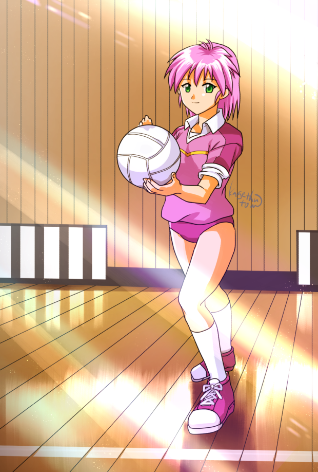 1girl artist_name ball buruma day green_eyes gym_uniform holding holding_ball indoors kagetsu_too medium_hair pink_buruma pink_hair pink_shirt pink_shoes playing_sports shirt shoes sneakers socks sunlight tokimeki_memorial tokimeki_memorial_2 volleyball volleyball_(object) white_socks yae_kaori