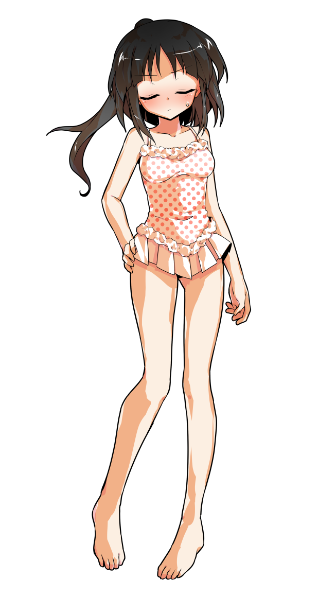 1girl alphes_(style) alternate_costume bare_arms bare_legs bare_shoulders barefoot black_eyes black_hair blush breasts casual_one-piece_swimsuit closed_eyes closed_mouth collarbone commentary_request dairi full_body hair_up hakurei_reimu hand_on_own_hip legs_apart medium_breasts no_hair_bow no_hair_ornament one-piece_swimsuit parody polka_dot polka_dot_swimsuit ponytail silent_sinner_in_blue small_sweatdrop solo standing style_parody swimsuit tachi-e touhou touhou_bougetsushou transparent_background white_one-piece_swimsuit