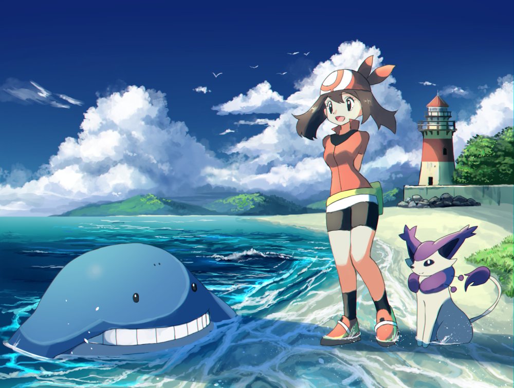 1girl bad_id bad_twitter_id bandana bike_shorts black_legwear brown_hair cloud commentary_request day delcatty eyelashes fanny_pack gen_3_pokemon lighthouse may_(pokemon) nintendo open_mouth outdoors pokemon pokemon_(creature) pokemon_rse red_bandana rowdon sand shoes sky socks standing tongue wailmer water