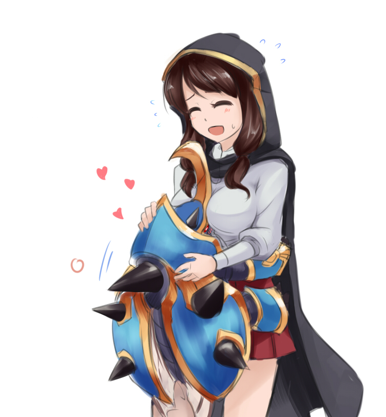 1girl alternate_costume between_breasts breasts brown_hair cloak closed_eyes flying_sweatdrops heart hood hooded_cloak hug league_of_legends nam_(valckiry) open_mouth rammus short_twintails summoner_(league_of_legends) sweatdrop twintails